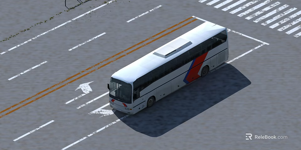 White Coach Bus Moving On Road With White Lines Yellow Stripes And Directional Arrows 3d model 