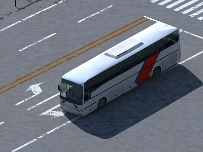 White Coach Bus Moving On Road With White Lines Yellow Stripes And Directional Arrows 3d model