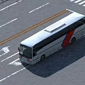 White Coach Bus Moving On Road With White Lines Yellow Stripes And Directional Arrows