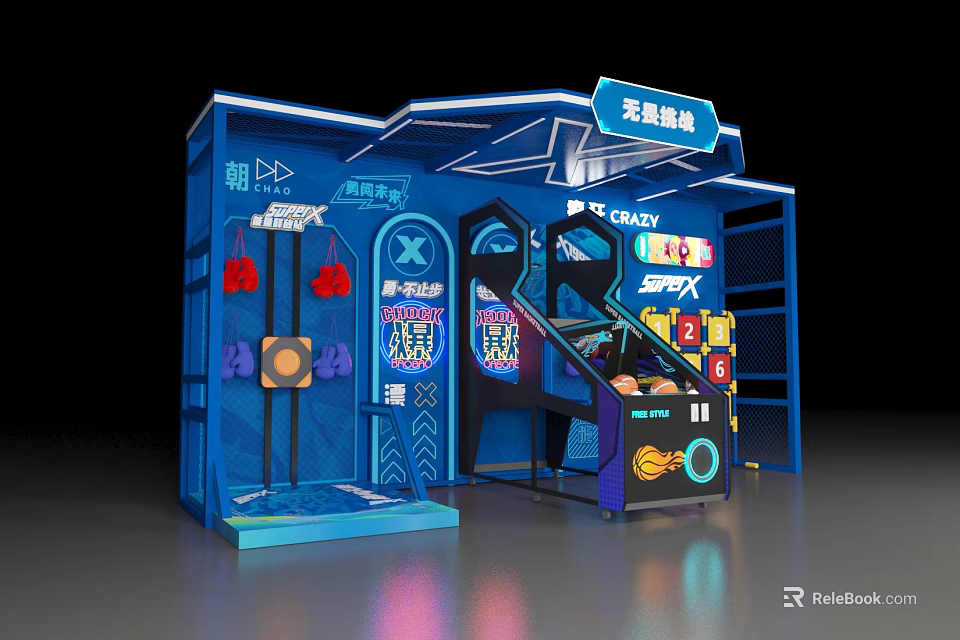 Interactive Blue Art Installation Featuring Glowing Basketball Game Elements 3d model