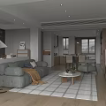 Modern Living Dining Room Interior With Gray Sofa Wooden Flooring Floor Lamp And Dining Table