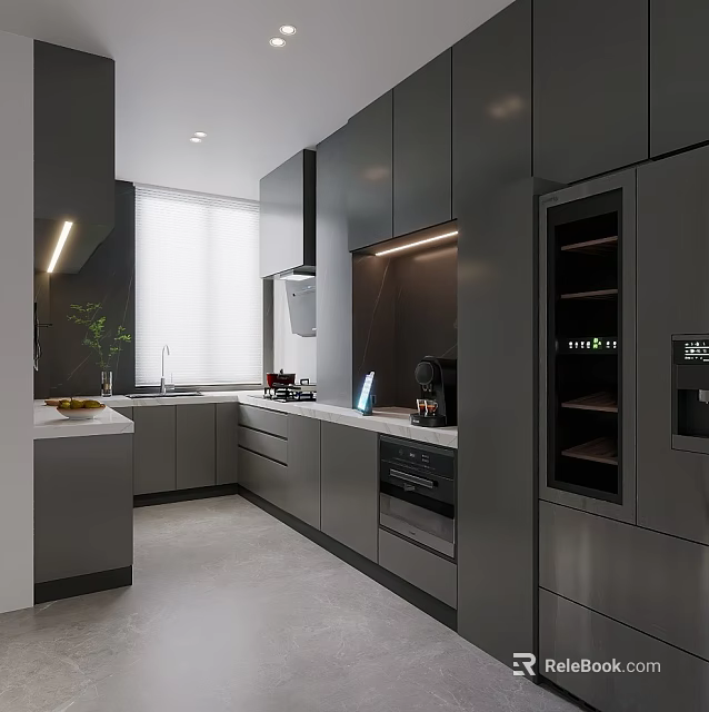 Modern Gray Kitchen Interior Design With Island Counter Lighting And Appliances 3d model 