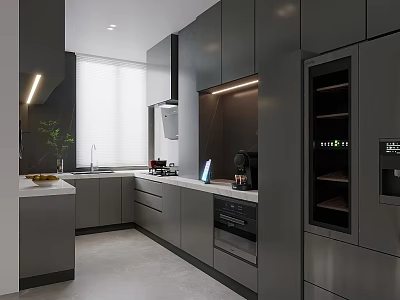 Modern Gray Kitchen Interior Design With Island Counter Lighting And Appliances 3d model