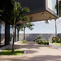 Modern Detached Villa Exterior Design With Large Glass Windows Surrounded by Greenery and Stone Pavement