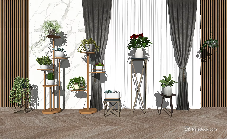 Bonsai Plants On Multi tiered Stands With Curtains And Marble Wall Background 3d model 