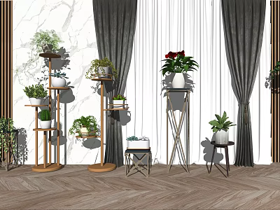 Bonsai Plants On Multi tiered Stands With Curtains And Marble Wall Background 3d model