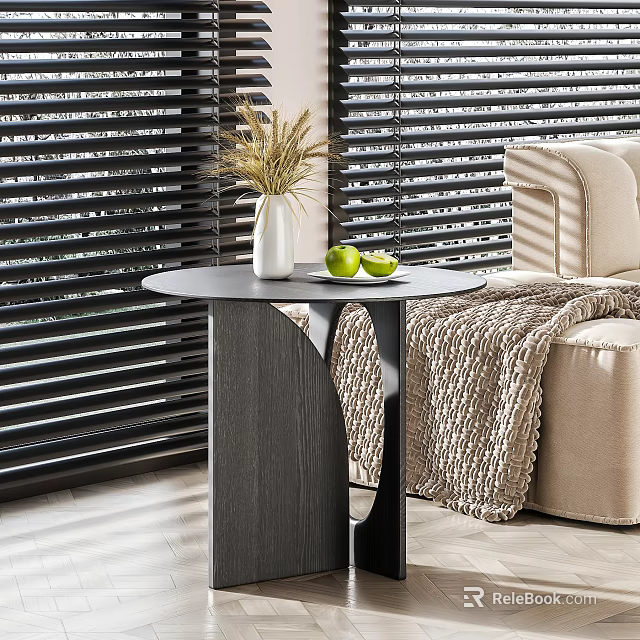 Stylish Round Side Table With White Vase Dried Grass Green Apples Beside Beige Sofa With Woven Blanket 3d model 