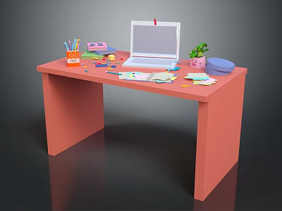 Pink Home Office Desk With Laptop Stationery Green Plant And Notes 3d model