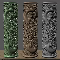 Intricate Decorative Columns With Dragon Carvings In Green Beige And Gray Colors