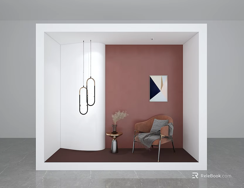 Stylish Window Display Featuring Pink Wall Geometric Art Chair Accent Table Flower Vase Hanging Lights 3d model 