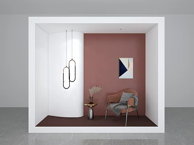 Stylish Window Display Featuring Pink Wall Geometric Art Chair Accent Table Flower Vase Hanging Lights 3d model