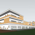 Modern Multistory School Building With White And Wooden Exterior Spacious Balconies Front Lawn People Activities