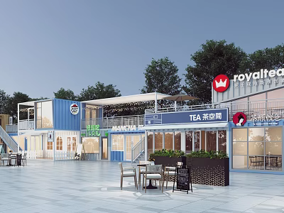 Modern Commercial Street with Container Style Buildings Tea Shops Outdoor Seating and Trees 3d model