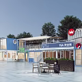 Modern Commercial Street with Container Style Buildings Tea Shops Outdoor Seating and Trees