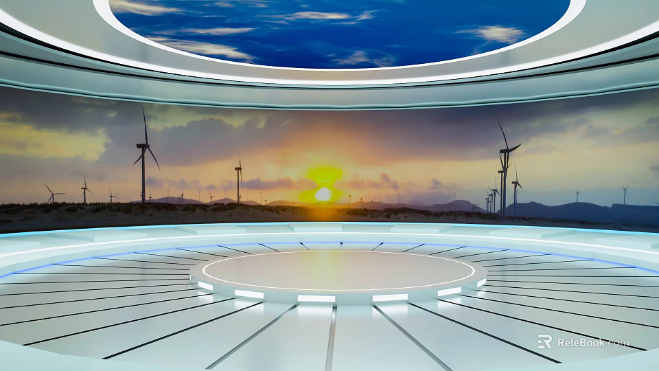 Modern Circular Platform With Wind Turbines Sunset Sky And Mountain View 3d model