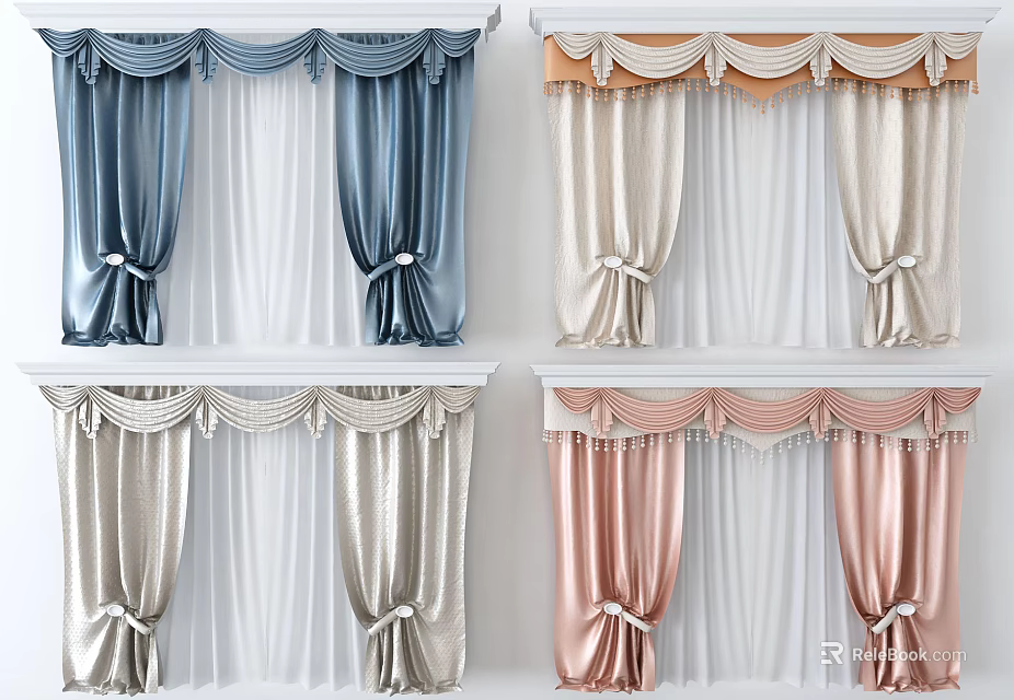 Elegant Curtains with Decorative Valances Tied Bows in Blue Beige Gold Pink Tones 3d model 