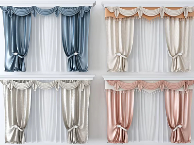 Elegant Curtains with Decorative Valances Tied Bows in Blue Beige Gold Pink Tones 3d model