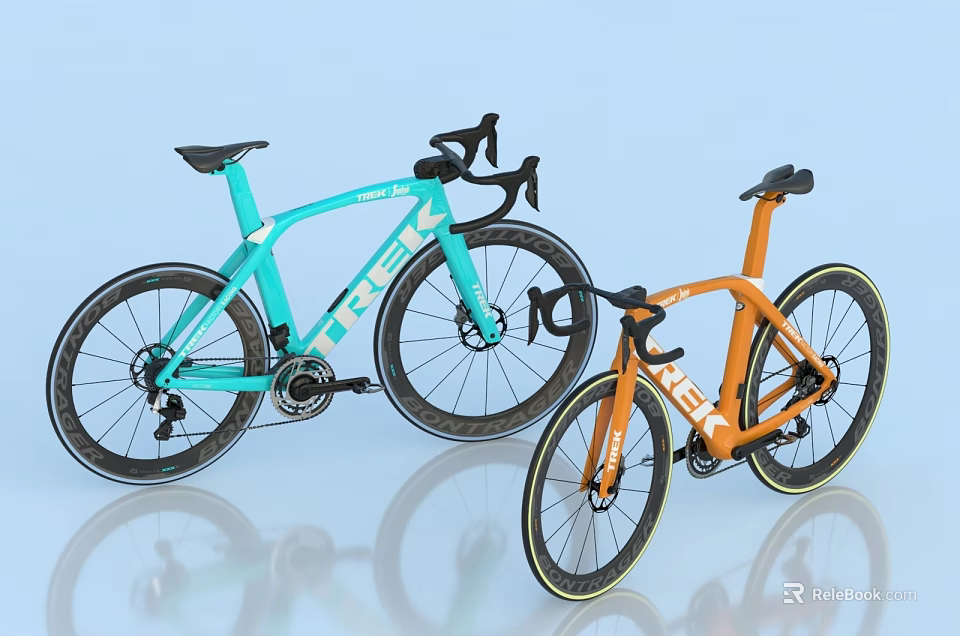 TREK Teal And Orange Road Bikes With Modern Design On Reflective Surface 3d model 