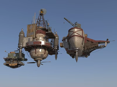 Floating Mechanical Airships With Steampunk Design And Metal Components In Blue Sky 3d model
