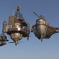 Floating Mechanical Airships With Steampunk Design And Metal Components In Blue Sky
