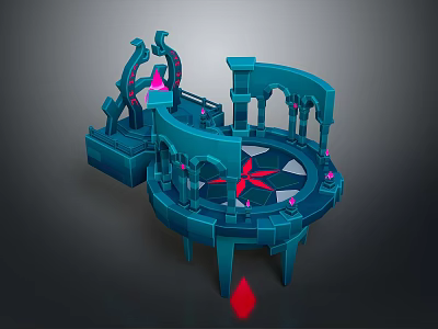 3D Rendered Fantasy Landscape With Blue Architectural Structure Circular Platform Arches And Red Glowing Elements 3d model