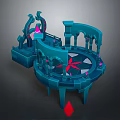 3D Rendered Fantasy Landscape With Blue Architectural Structure Circular Platform Arches And Red Glowing Elements