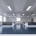 Modern Laboratory Interior With White Ceiling Linear LED Lights Lab Benches Blue Flooring Glass Partitions