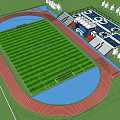 Soccer Field With Green Turf Red Running Track And Stadium Seats