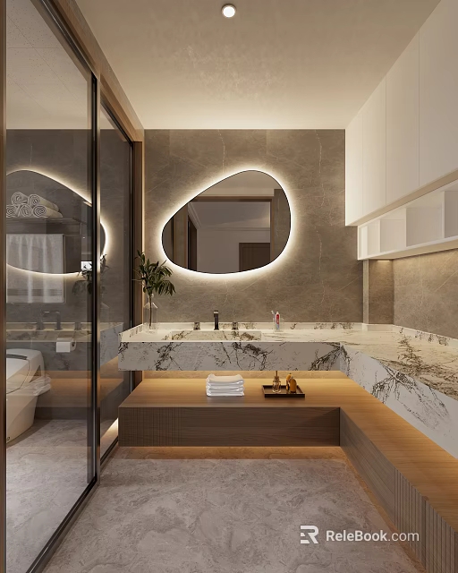 Modern Bathroom Interior With Oval Illuminated Mirror Marble Countertop Shower Area And Cabinets 3d model 
