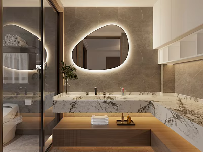Modern Bathroom Interior With Oval Illuminated Mirror Marble Countertop Shower Area And Cabinets 3d model