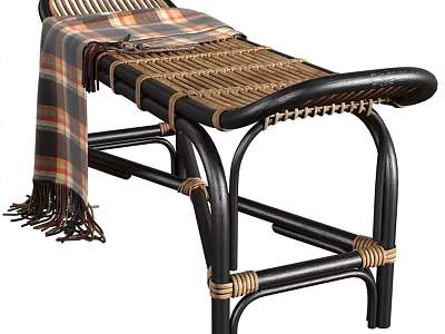 Handwoven Wicker Sofa Bench with Black Metal Frame and Plaid Blanket 3d model