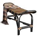 Handwoven Wicker Sofa Bench with Black Metal Frame and Plaid Blanket