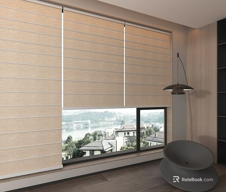 Modern Beige Fabric Roller Blinds For Window In Contemporary Interior With City View 3d model 
