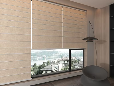Modern Beige Fabric Roller Blinds For Window In Contemporary Interior With City View 3d model