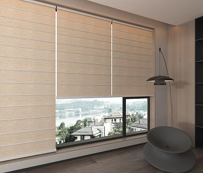 Modern Beige Fabric Roller Blinds For Window In Contemporary Interior With City View 3d model