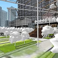 Modern Office Building With Glass Curtain Walls Outdoor Seating Green Lawn And Decorative Spheres