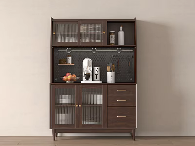 Modern Dark Brown Sideboard With Glass Doors Open Shelves Drawers And Coffee Machine 3d model