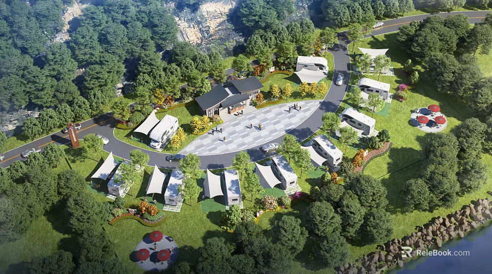 Scenic Garden Landscape with Lush Trees Buildings Winding Roads Green Lawns Pedestrians and Vehicles 3d model 