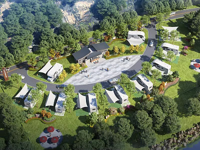 Scenic Garden Landscape with Lush Trees Buildings Winding Roads Green Lawns Pedestrians and Vehicles 3d model
