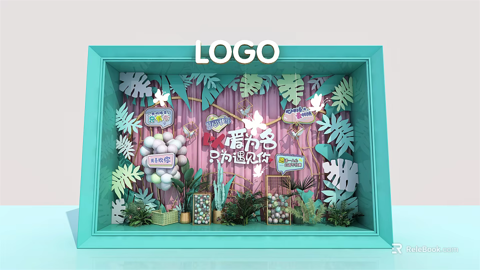 Vibrant Spring Window Display with Turquoise Frame Green Leaf Decorations White Spherical Ornaments Cactus Plants 3d model