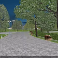 Night Park Landscape Featuring Stone Paved Path Trees Lighting Distant Buildings Red Sign On Stone 3d model