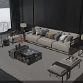 Modern Living Room Sofa Coffee Table Set With Beige Upholstery Marble Top And Decorative Cushions