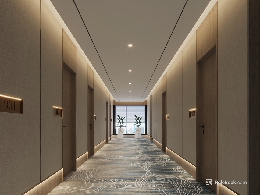 Modern Hotel Corridor With Light Walls Wooden Accents And Patterned Carpet 3d model 