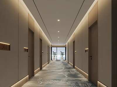 Modern Hotel Corridor With Light Walls Wooden Accents And Patterned Carpet 3d model