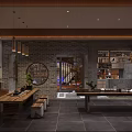 Elegant Clubhouse Interior Featuring Wooden Tables Stone Wall Green Plants And Hanging Lights