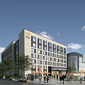 Modern Office Building Exterior Featuring Glass Facade Multiple Windows And Urban Street Greenery