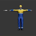 Construction Worker In Blue And Yellow Work Uniform Wearing Yellow Hard Hat With Arms Outstretched