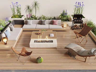 Modern Landscape Seating on Wooden Deck with Sofa Armchairs Fire Pit and Green Plants 3d model