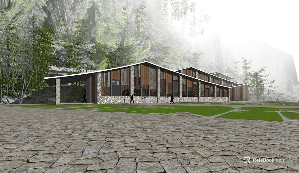 Modern Building Featuring Wooden Stone Structure Amid Mountain Forest With Paved Square Green Lawn 3d model 