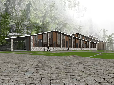 Modern Building Featuring Wooden Stone Structure Amid Mountain Forest With Paved Square Green Lawn 3d model
